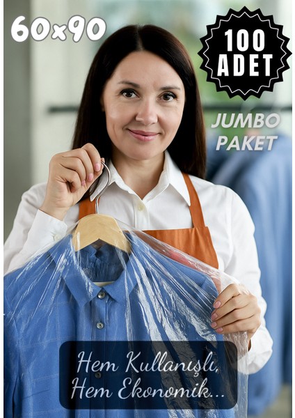 60X90 cm 100'LÜ Askı Delikli Elbise Poşeti Şeffaf Naylon Kılıf | Elbise Torbası Ceket Kazak Takım Koruma Poşeti