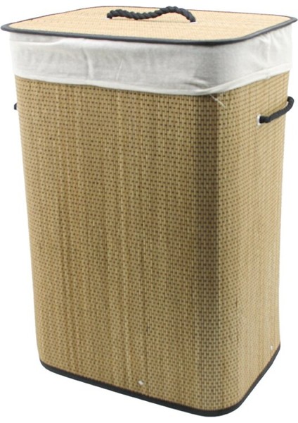 Dikdörtgen Hasır - Ahşap Kirli Çamaşır Sepeti 42x32x60cm Seyyar Kapaklı İçi Bezli İp Kulplu (4915)