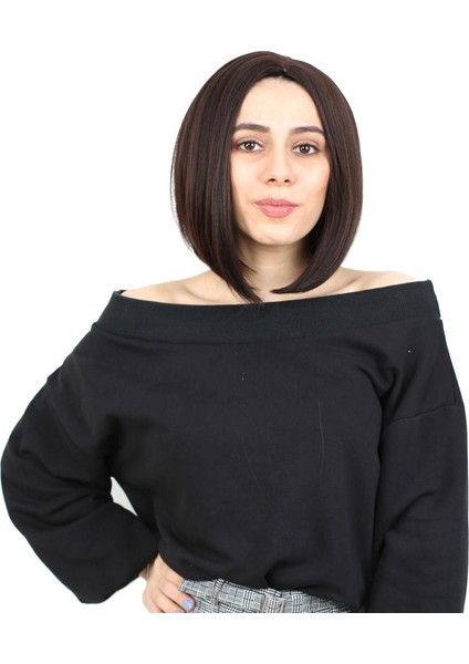 Kahkülsüz Düz Kısa Fiber Sentetik Peruk / Koyu Kahve