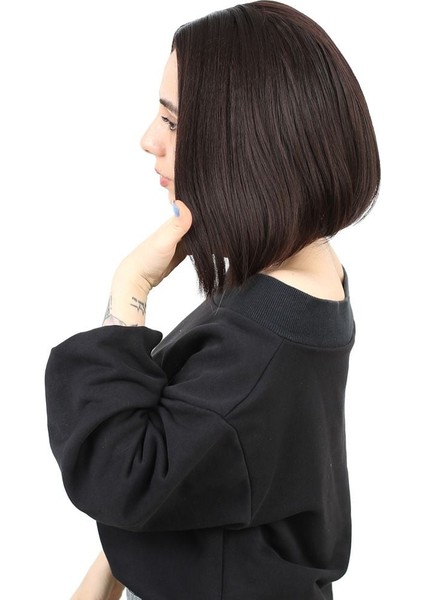 Kahkülsüz Düz Kısa Fiber Sentetik Peruk / Koyu Kahve modelleri