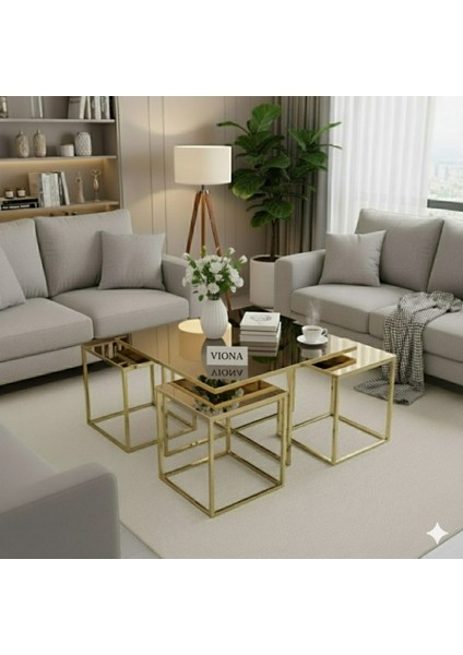 Lizbon 5'li Gold Kaplama Bronz Aynalı Orta Sehpa & Zigon Sehpa & Yan Sehpa & Bohem Sehpa Takımı fiyatları