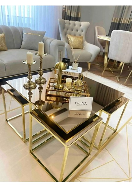 Lizbon 5'li Gold Kaplama Bronz Aynalı Orta Sehpa & Zigon Sehpa & Yan Sehpa & Bohem Sehpa Takımı modelleri