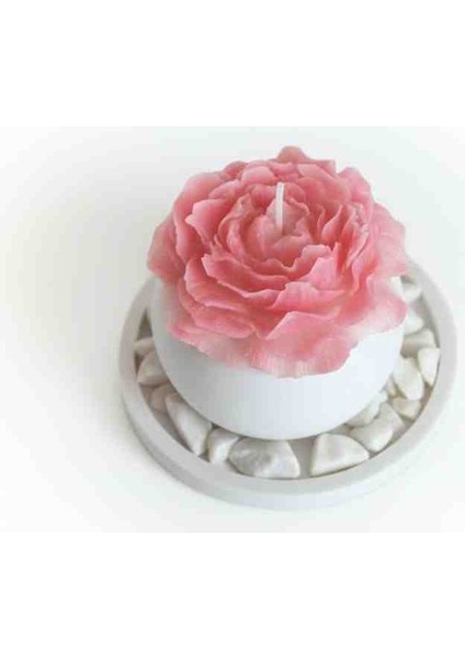 El Yapımı Şakayık Şeklinde Dekoratif Mum ve Taşlı Tepsi Seti