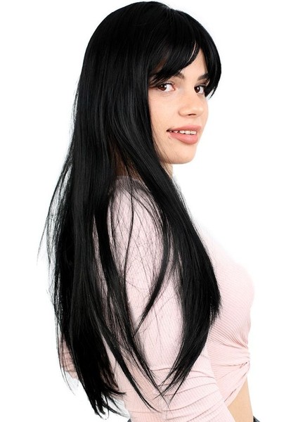 Fiber Sentetik Uzun Düz Kahküllü Peruk / Siyah fırsatları