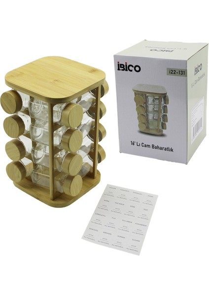 16pcs Kare - Döner Standlı Cam - Bambu Kapak Tuzluk - Baharatlık Bambu Stand (4915)