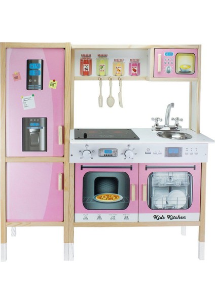 T1013 Ahşap Buzdolaplı Mutfak Pembe Kız Erkek Çocuk Oyuncak Eğitici Oyuncaklar