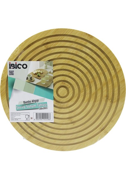 Yuvarlak Çap: 28CM Çift Taraflı= Düz - Kanallı Ahşap Bambu Servis Sunum Tahtası Tepsi (4915)