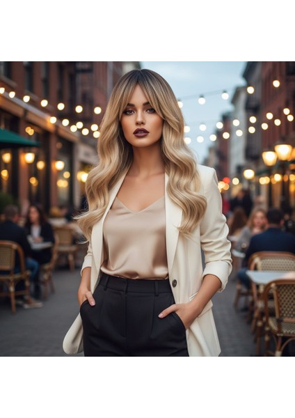 Dalgalı Perçemli Fiber Sentetik Orta Boy Peruk / Kahve Platin Röfleli