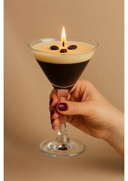 Espresso Martini Bardağında Kahve Kokulu Doğal Soya Mumu ve Dekor 200 ml (2 Adet)