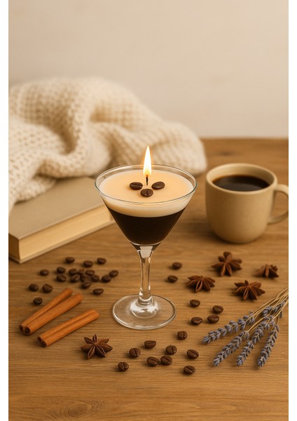 Espresso Martini Bardağında Kahve Kokulu Doğal Soya Mumu ve Dekor 200 ml (2 Adet)