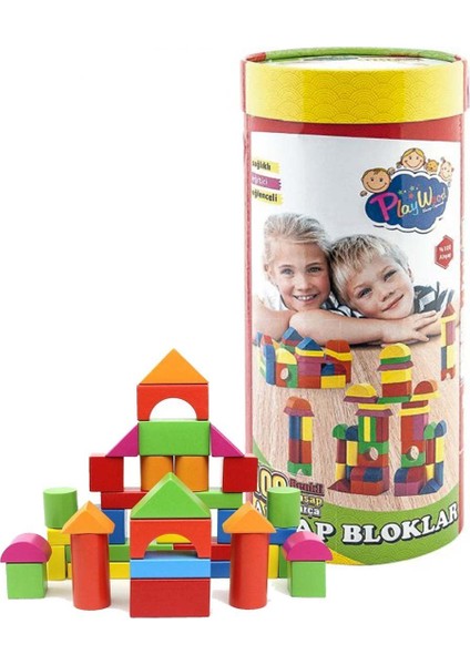 Silindir Kutuda 100 Parça Renkli Ahşap Bloklar Kız Erkek Çocuk Oyuncak Eğitici Oyuncaklar