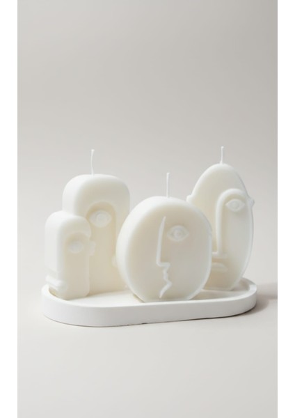 Minimalist Yüz Figürlü Dekoratif Mum Seti Altlık Dahildir – El Yapımı Sanatsal Mumlar