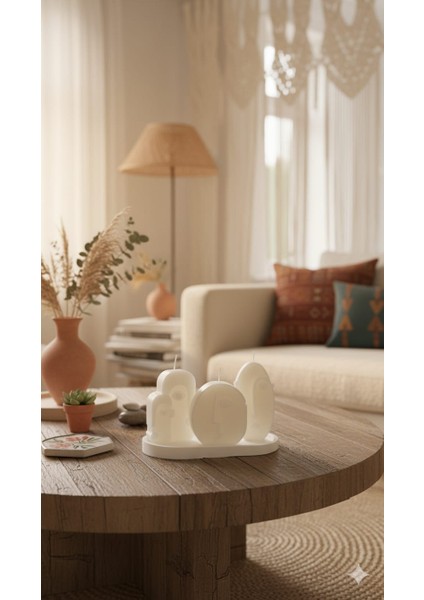 Minimalist Yüz Figürlü Dekoratif Mum Seti Altlık Dahildir – El Yapımı Sanatsal Mumlar fiyatları