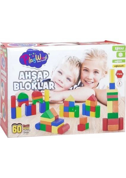 Kutuda Ahşap 60 Parça Renkli Bloklar Kız Erkek Çocuk Oyuncak Eğitici Oyuncaklar