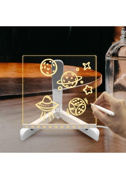 LED Işıklı 3D Akrilik Yazı Panosu – Silinebilir Mesaj & Çizim Tahtası, Usb, 4 Renkli Kalem, Masa Lambası – 15×15 cm