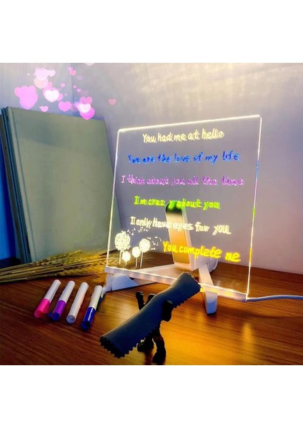 LED Işıklı 3D Akrilik Yazı Panosu – Silinebilir Mesaj & Çizim Tahtası, Usb, 4 Renkli Kalem, Masa Lambası – 15×15 cm modelleri