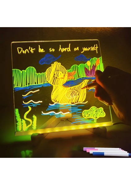 LED Işıklı 3D Akrilik Yazı Panosu – Silinebilir Mesaj & Çizim Tahtası, Usb, 4 Renkli Kalem, Masa Lambası – 15×15 cm