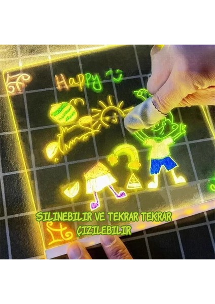 LED Işıklı 3D Akrilik Yazı Panosu – Silinebilir Mesaj & Çizim Tahtası, Usb, 4 Renkli Kalem, Masa Lambası – 15×15 cm
