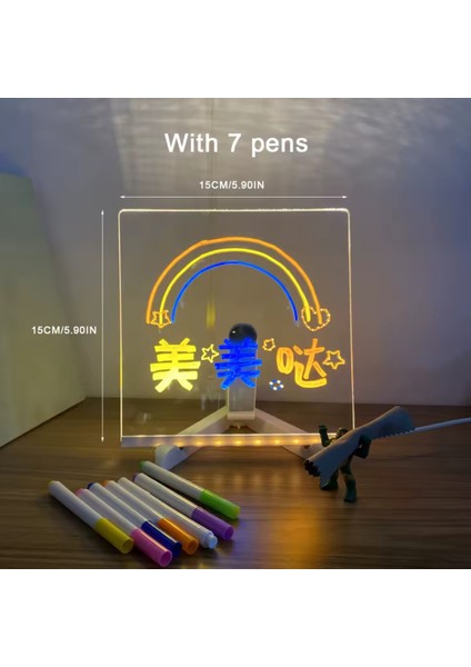 LED Işıklı 3D Akrilik Yazı Panosu – Silinebilir Mesaj & Çizim Tahtası, Usb, 4 Renkli Kalem, Masa Lambası – 15×15 cm