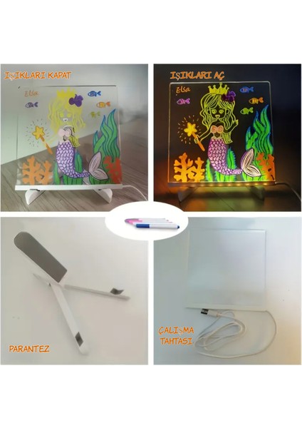 LED Işıklı 3D Akrilik Yazı Panosu – Silinebilir Mesaj & Çizim Tahtası, Usb, 4 Renkli Kalem, Masa Lambası – 15×15 cm
