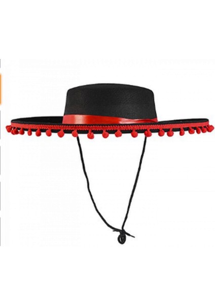 Techmrt Kırmızı Ponponlu Siyah Renk Çocuk Ispanyol Şapkası