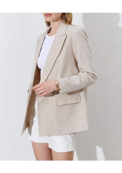 Çift Düğmeli Kapak Cepli Keten Blazer Ceket - Taş