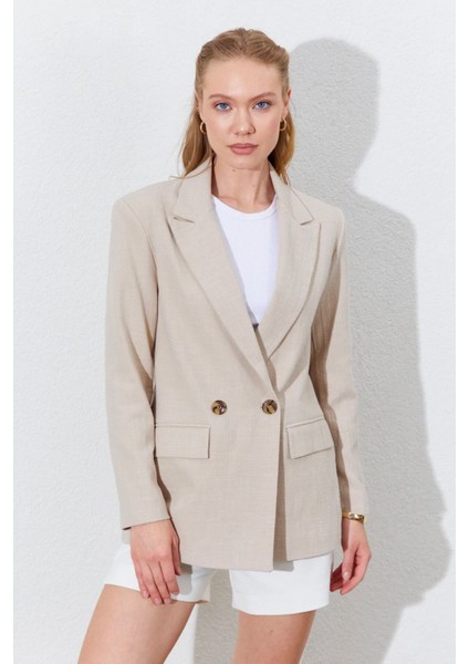 Çift Düğmeli Kapak Cepli Keten Blazer Ceket - Taş fiyatları