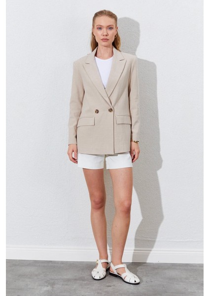 Çift Düğmeli Kapak Cepli Keten Blazer Ceket - Taş modelleri