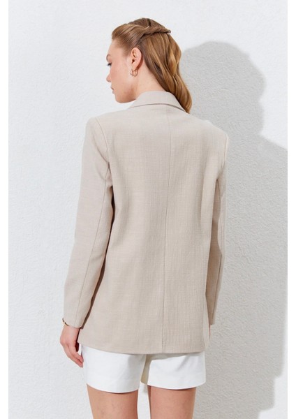 Çift Düğmeli Kapak Cepli Keten Blazer Ceket - Taş fırsatları