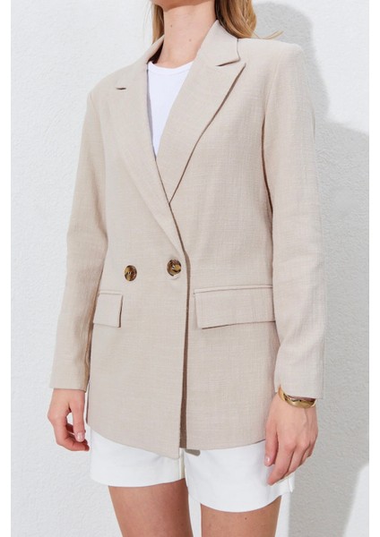 Çift Düğmeli Kapak Cepli Keten Blazer Ceket - Taş indirimleri