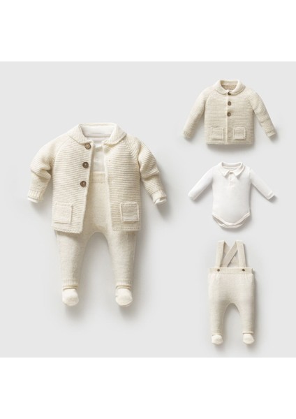 8363N Bebek Triko Örgülü Hırkalı 3'lü Naturel Yün Salopet Takım