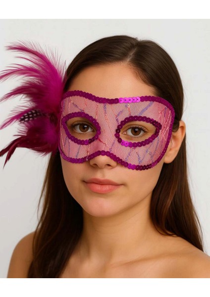 Techmrt Fuşya Renk Yandan Tüylü Pul Payet Işlemeli Parti Maskesi 23X12 cm