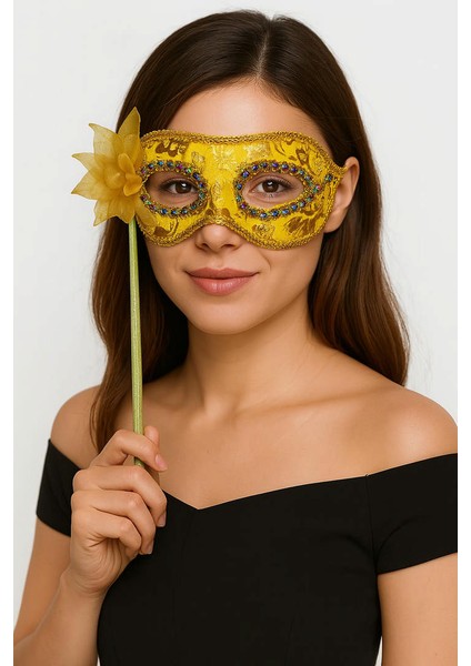 Techmrt Lüks Taşlı Saplı Maskeli Balo Maskesi Altın Renk 35 cm