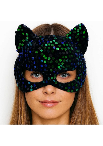 Techmrt Siyah Kadife Kumaş Üzerine Mavi Yeşil Payetli Pullu Parti Maskesi 16X14 cm