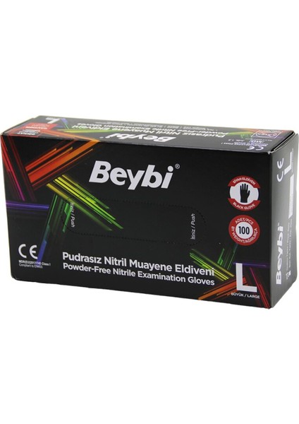 Beybi L Siyah Pudrasız Nitril Muayene Eldiveni 100lü (4915)