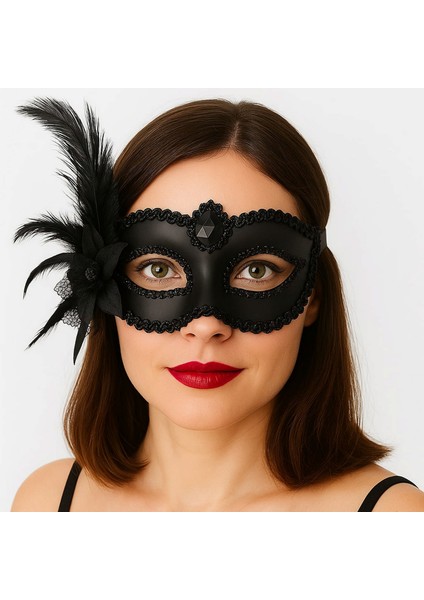 Techmrt Siyah Mat Renk Yandan Tüylü Güllü Parti Balo Venedik Maskesi 16X22