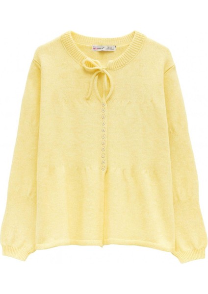 6952 Kadın Bağlamalı Düğme Detaylı Triko Kazak Sarı