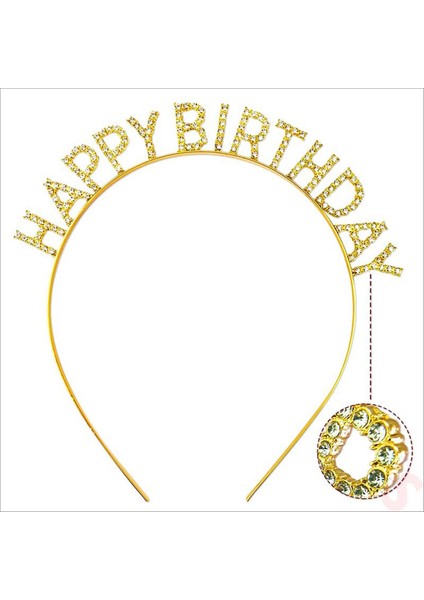 Techmrt Altın Gold Renk Kristal Taşlı Parlak Happy Birthday Taç 16X17 cm