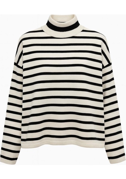 6802 Kadın Çizgili Balıkçı Yaka Triko Kazak Naturel