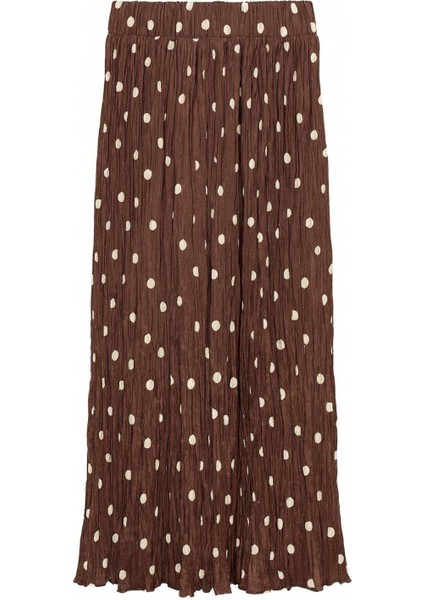 4769 Kadın Puantiyeli Kraşlı Saten Etek Kahve