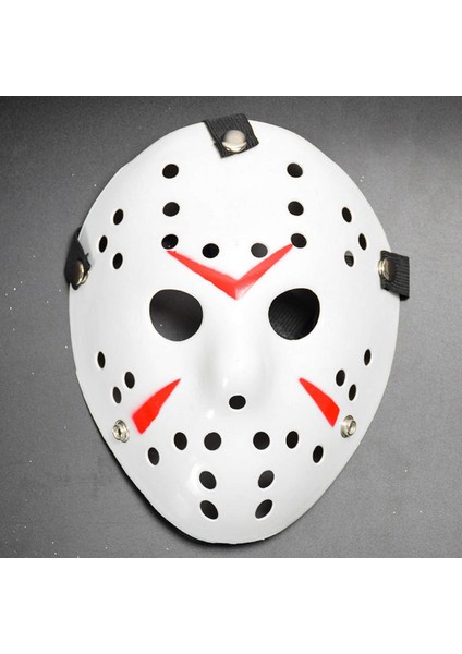 Techmrt Beyaz Renk Kırmızı Çizgili Tam Yüz Hokey Jason Maskesi Hannibal Maskesi
