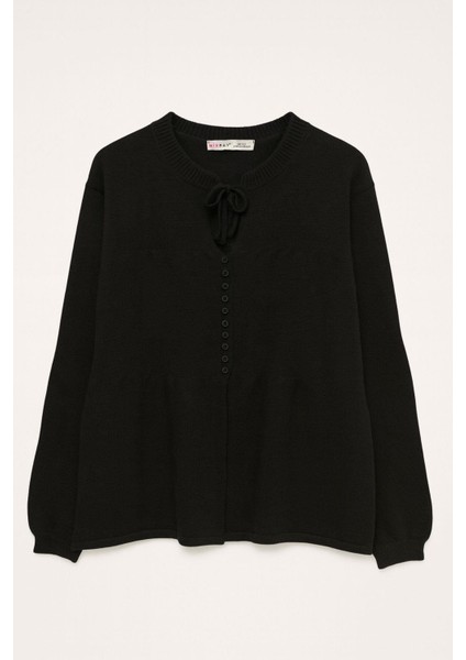 6952 Kadın Bağlamalı Düğme Detaylı Triko Kazak Siyah