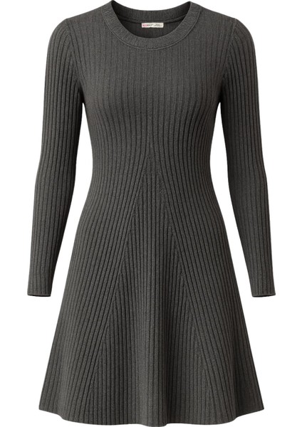 6888 Kadın Bisiklet Yaka Triko Elbise Antrasit