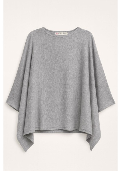 6984 Kadın Yumuşak Dokulu Triko Panço Kazak Gri