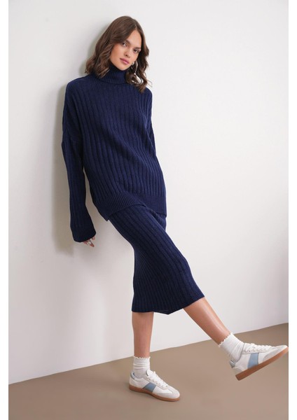 6929 Kadın Fitilli Triko Etek Lacivert fiyatları