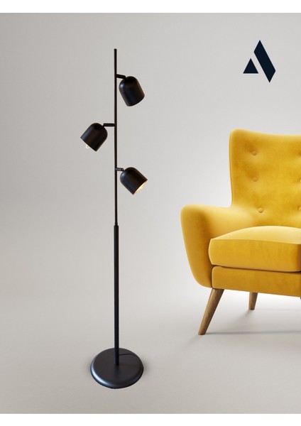 Horion Siyah Metal Lambader – 3 Başlıklı Ayarlanabilir Modern Yer Lambası | Dekoratif Aydınlatma