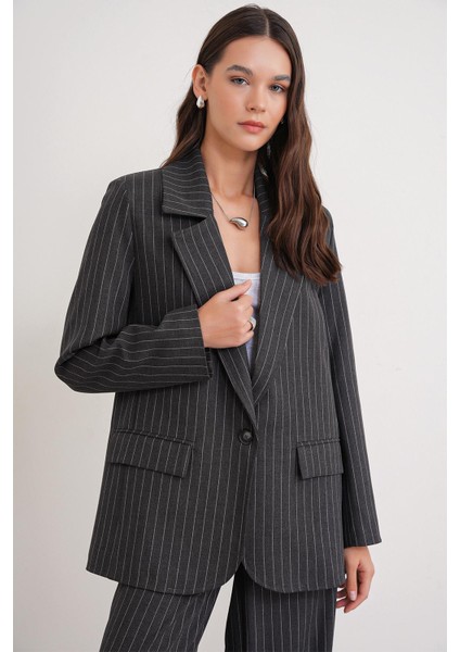 4753 Kadın Çizgili Oversize Blazer Ceket Antrasit