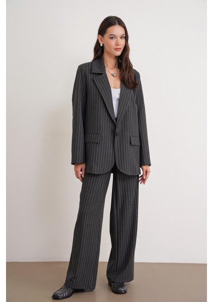 4753 Kadın Çizgili Oversize Blazer Ceket Antrasit fiyatları