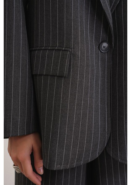 4753 Kadın Çizgili Oversize Blazer Ceket Antrasit