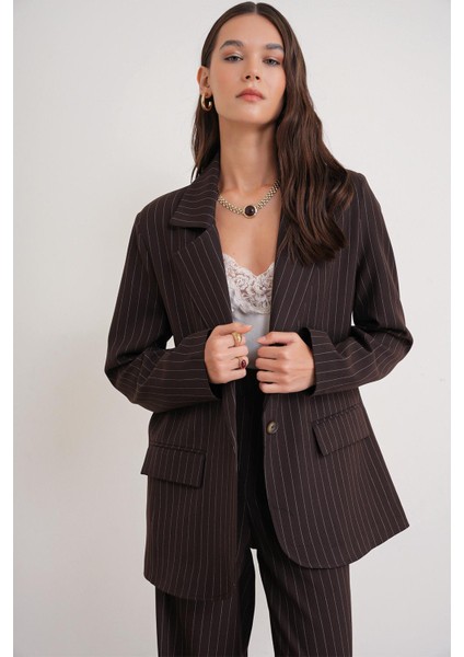 4753 Kadın Çizgili Oversize Blazer Ceket Kahve